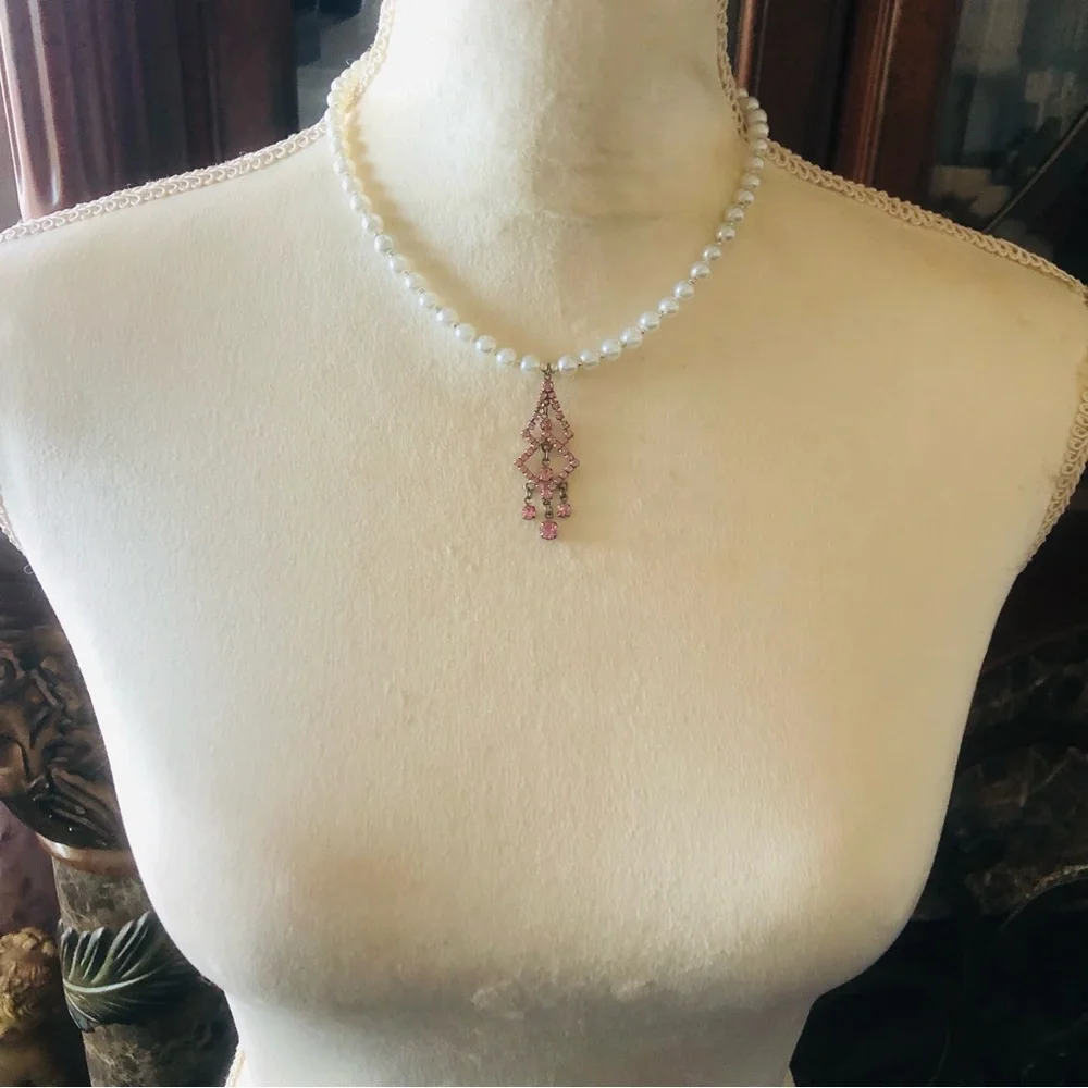 Handcrafted repurpose elegant pink chandelier pendant Czech glass Pearl necklace